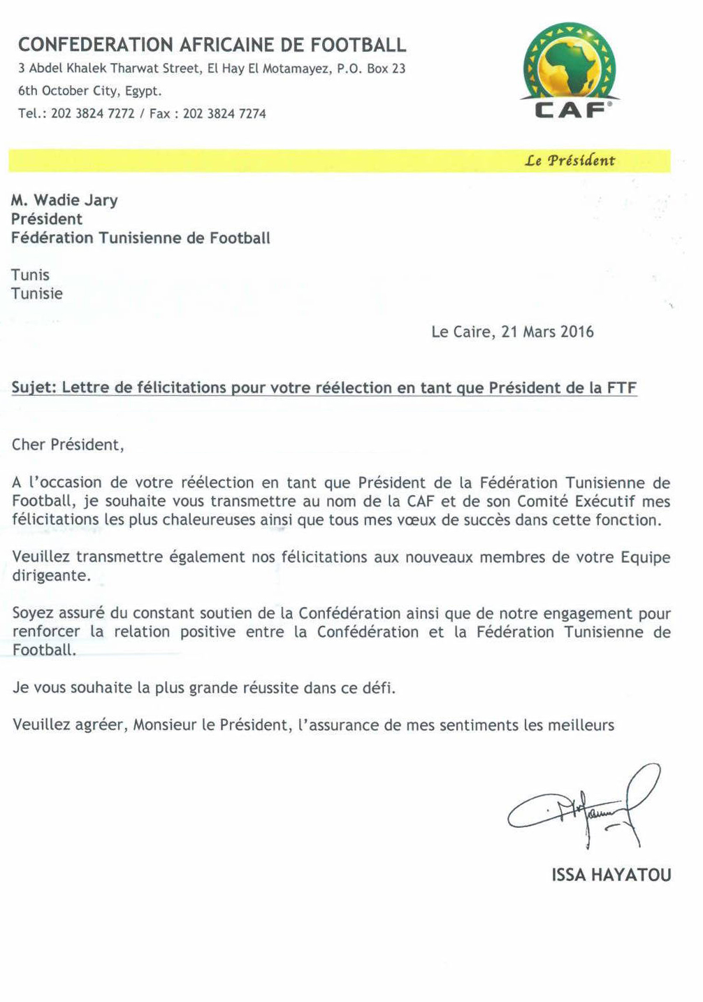 LETTRE DE FELICITATIONS