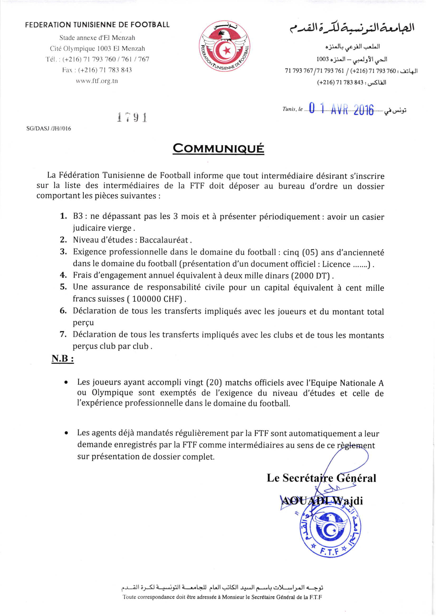 LISTE DES INTERMEDIAIRES - COMMUNIQUE